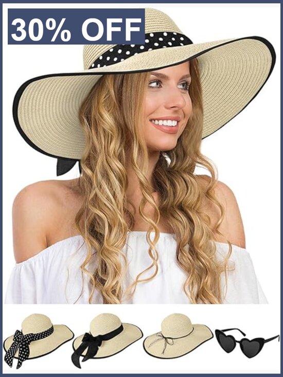 Wide Brim Floppy Straw Sun Hat with Sunglasses & Bows, Foldable Beach Hat main image 6